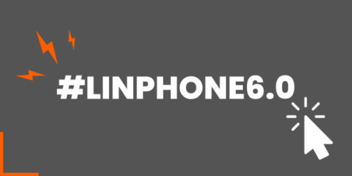 #Linphone6.0 en blanc écrit sur un fond gris. Une flèche blanche clique dessus ainsi que des éclairs rouges qui s'en échappe.